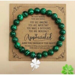 Natural Peacock Stone Bead Bracelet with Lucky Four-Leaf Clover